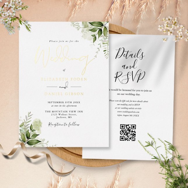 Invitación Con Relieve Metalizado Código QR de Verde Denso Rústico Boda Elegante Oro (Rustic Greenery QR Code Elegant Wedding Gold Foil Invitation)