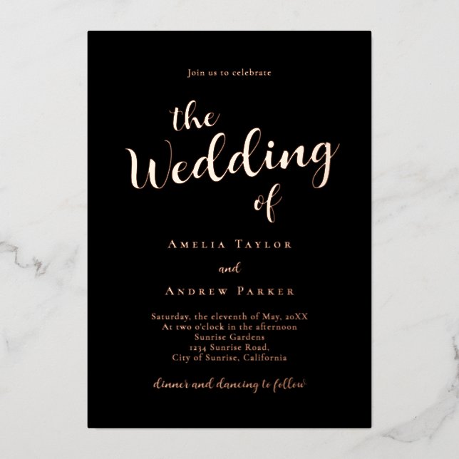 Invitación Con Relieve Metalizado Código QR Elegante caligrafía de guión simple Boda (Anverso)