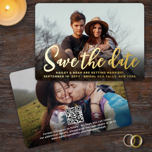 Invitación Con Relieve Metalizado Código QR Escritura de moda Boda Foto de guardar l