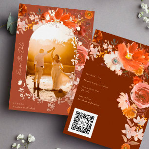Invitación Con Relieve Metalizado Código QR Floral de Terracota Foto para Guardar la