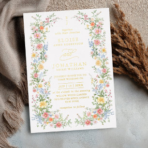 Invitación Con Relieve Metalizado Código QR Floral Ornate de Pastel Suave Boda de Pr