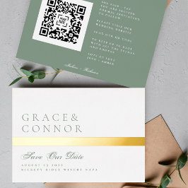 Invitación Con Relieve Metalizado Código QR Foto de Fecha de Guardado Verde Musgo Ra