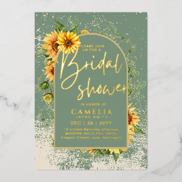 Invitación Con Relieve Metalizado CÓDIGO QR LLUVIA DE ORO Girasoles Salvia PARA BODA