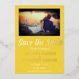Invitación Con Relieve Metalizado Código QR moderno Foto Amarillo Boda Papel de Oro
