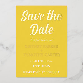 Invitación Con Relieve Metalizado Código QR Moderno Foto Amarillo Script Boda