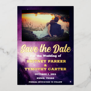 Invitación Con Relieve Metalizado Código QR moderno Foto Boda de galaxia celeste