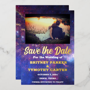Invitación Con Relieve Metalizado Código QR Moderno Foto Celestial Galaxia Boda Foil