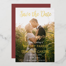 Invitación Con Relieve Metalizado Código QR moderno foto vino burdeos escritura boda