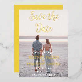 Invitación Con Relieve Metalizado Código QR moderno guión de foto Boda amarillo