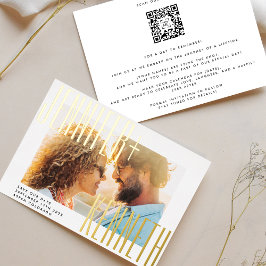 INVITACIÓN CON RELIEVE METALIZADO CÓDIGO QR NOMBRES NEGRITA FOTO GUARDAR LA FECHA OR