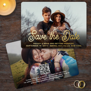 Invitación Con Relieve Metalizado Código QR Script Retro 2 Foto Boda Guardar la Fech
