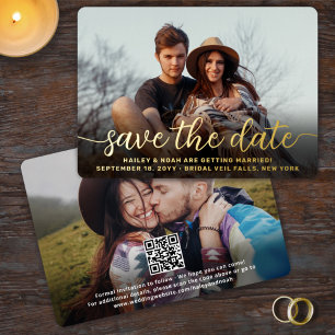 Invitación Con Relieve Metalizado Código QR Simple Script Boda Guardar la Fecha Foto