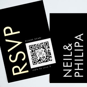 Invitación Con Relieve Metalizado CÓDIGO QR ultra moderno 2 x RSVP GOLD