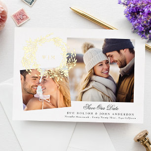 Invitación Con Relieve Metalizado Colage de fotos con corona de oro y monograma para