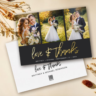 Invitación Con Relieve Metalizado Colaje de Fotos de Boda de Foil Negro y Dorado de 