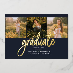 Invitación Con Relieve Metalizado Colaje de Fotos de Graduación Azul Marino Dorado