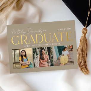 Invitación Con Relieve Metalizado Colaje de fotos de graduación en dorado y taupe pa