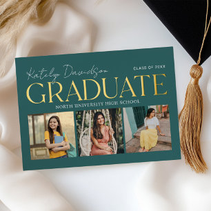 Invitación Con Relieve Metalizado Colaje de fotos de graduación en oro verde azulado