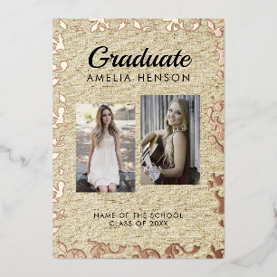 Invitación Con Relieve Metalizado Colaje de Fotos de Graduación Rústico Rococó