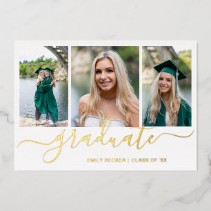 Invitación Con Relieve Metalizado Colaje de Fotos Fiesta de Graduación Elegante Letr