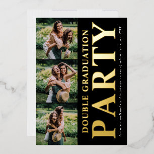 Invitación Con Relieve Metalizado Colaje de Fotos Moderno Doble Fiesta de Graduación