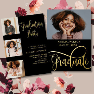 Invitación Con Relieve Metalizado Colaje de Fotos Moderno en Negro y Dorado de Gradu