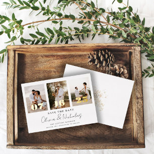 Invitación Con Relieve Metalizado Collage de Fotos de Boda Moderna Save The Date