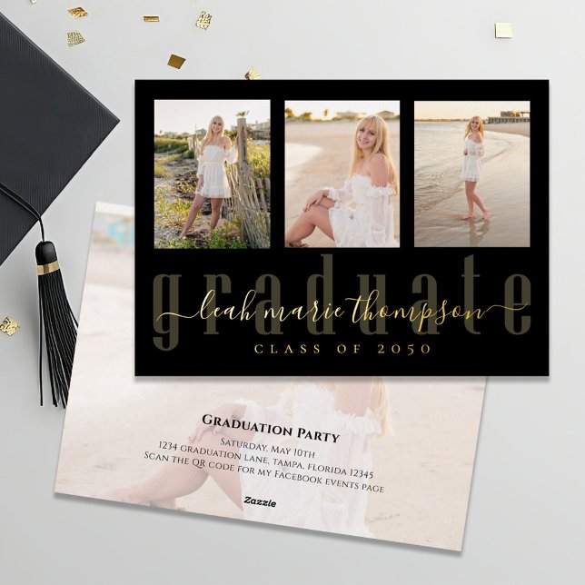 Invitación Con Relieve Metalizado Collage de fotos de caligrafía de graduado negro d (Black and gold foil graduation photo invitation announcement. )