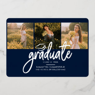 Invitación Con Relieve Metalizado Collage de fotos de graduación 2026 Script Navy Pl