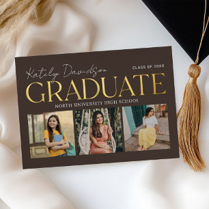 Invitación Con Relieve Metalizado Collage de Fotos de Graduado de Oro Marrón Fiesta