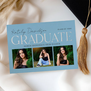 Invitación Con Relieve Metalizado Collage de Fotos de Graduado en Azul Plateado Fies