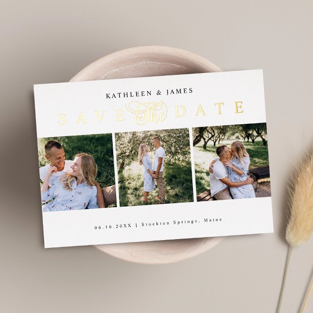 Invitación Con Relieve Metalizado Collage de fotos Gold Save The Date (Gold Save The Date Photo Collage Foil Invitation)