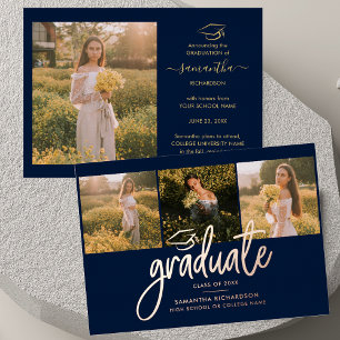 Invitación Con Relieve Metalizado Collage de fotos graduación 2026 azul marino rosa