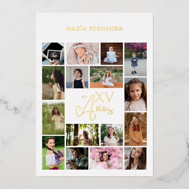 Invitación Con Relieve Metalizado Collage de moda 15 Años 16 Fotos Línea Temporal Es (Anverso)