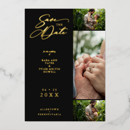 Invitación Con Relieve Metalizado Collage Gold Black Fancy 3 Fotos Boda Pareja