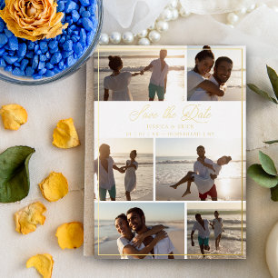 Invitación Con Relieve Metalizado Collage Gold Moderno de Moda 6 Fotos Boda Pareja