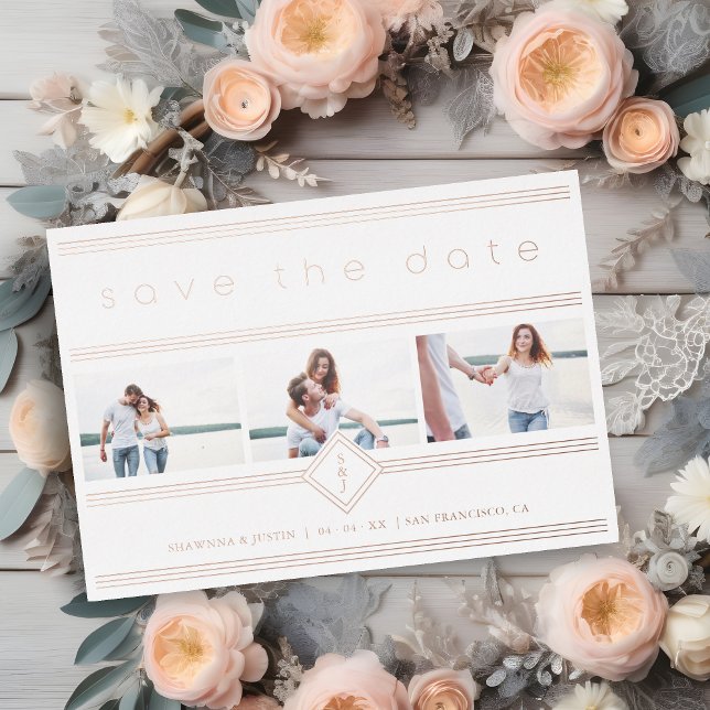 Invitación Con Relieve Metalizado Collage Minimalist 3 Photos Couple Wedding Initial (Collage Minimalist 3 Photos Couple Wedding Initials Real Metallic Foil Save the Date Card.)