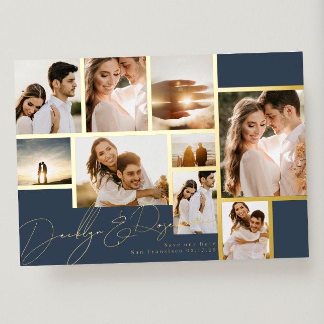 Invitación Con Relieve Metalizado Collage Navy Multi Photo Save The Date Gold Frames (Subido por el creador)