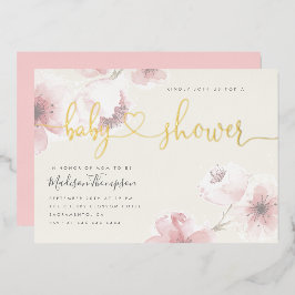 Invitación Con Relieve Metalizado Color marfil | Cherry Blossom Gold Floral Baby Sho