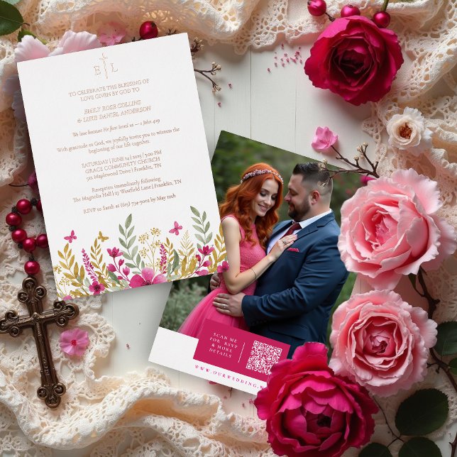 Invitación Con Relieve Metalizado Colorful Wildflowers & Butterflies Faith Wedding (Romantic Colorful Wildflowers and Butterflies Christian Wedding Metallic Foil Invitation Cards.)