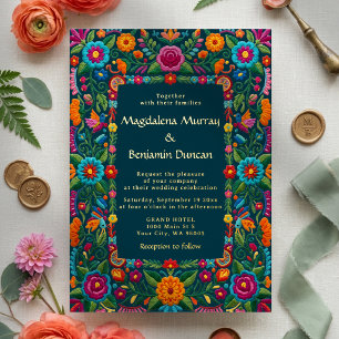 Invitación Con Relieve Metalizado Colorida Fiesta Mexicana Floral Bordado Boda