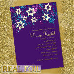 Invitación Con Relieve Metalizado Colorido Bat Mitzvah Gold Star Purpurinoso Confett<br><div class="desc">Grupos de invitación Bar Mitzvah y Bat Mitzvah diseñados por Umua. Impreso y enviado por Zazzle o sus socios.</div>
