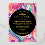 Invitación Con Relieve Metalizado Colorido Groovy Rosa Morado Marbling Bat Mitzvah<br><div class="desc">Personalizar con tu foto y detalles. Pintura digital de becky nimoy 2024</div>