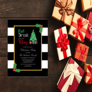 Invitación Con Relieve Metalizado Come Bebida Y Sé Feliz Fiesta De Navidad