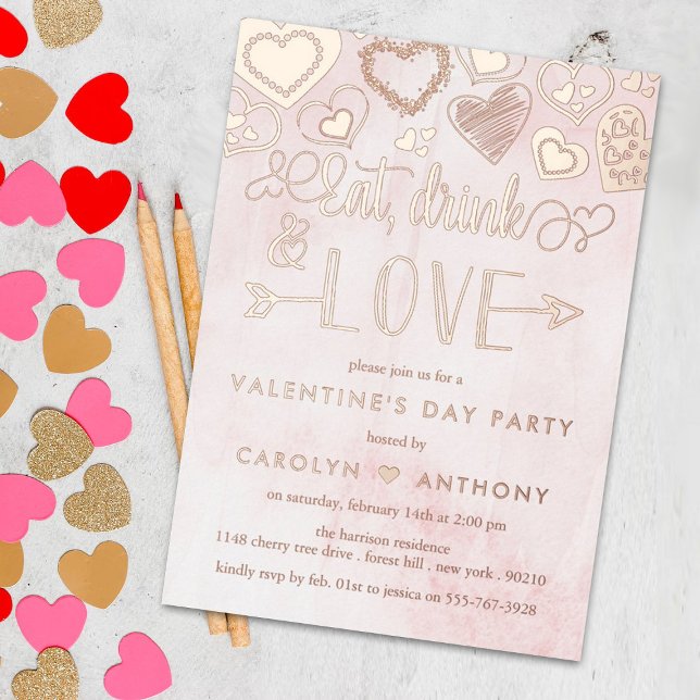 Invitación Con Relieve Metalizado "Comer, beber y amar" El día de San Valentín Fiest (Subido por el creador)