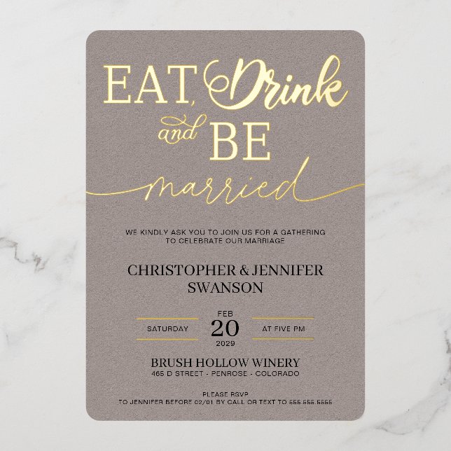 Invitación Con Relieve Metalizado Comer, beber y ser Boda casado (Anverso)