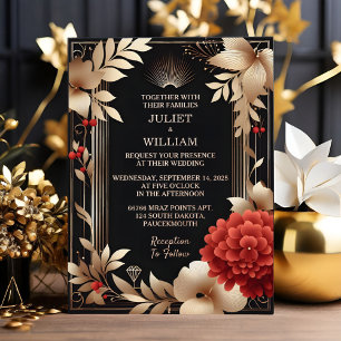 Invitación Con Relieve Metalizado Como Boda de Rosas Diamante Rojo Negro y Dorado