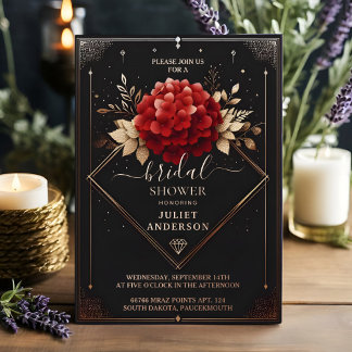 Invitación Con Relieve Metalizado Como ducha de boda de diamante de jardín rojo negr