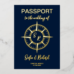 Invitación Con Relieve Metalizado Compass de Relieve metalizado dorado de destino de