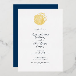 Invitación Con Relieve Metalizado Concha de almeja simple y azul prusiano profundo